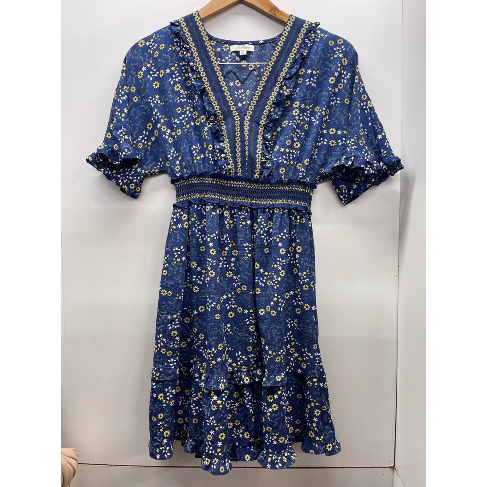 Max Studio Blue Floral Smocked Waist Ruffle V-Neck Mini Dress Womens Small